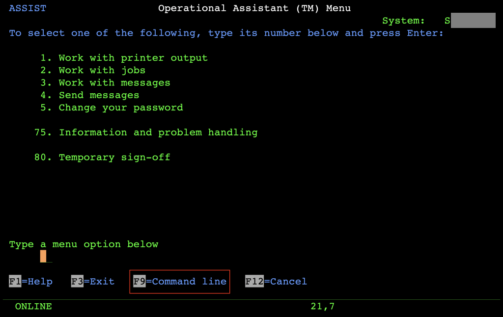 Operational Assistant menu triggered by the Attention Interrupt key